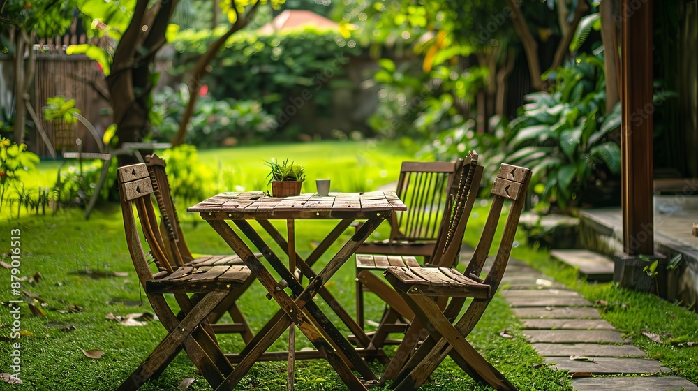 A wooden table and chairs set placed in a garden A wooden table and chairs set placed in a garden
