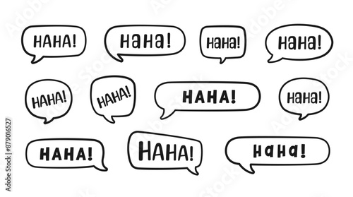 Haha laughing speech bubble sound effect different doodles collection. Cute black text lettering outline line art set vector illustration.