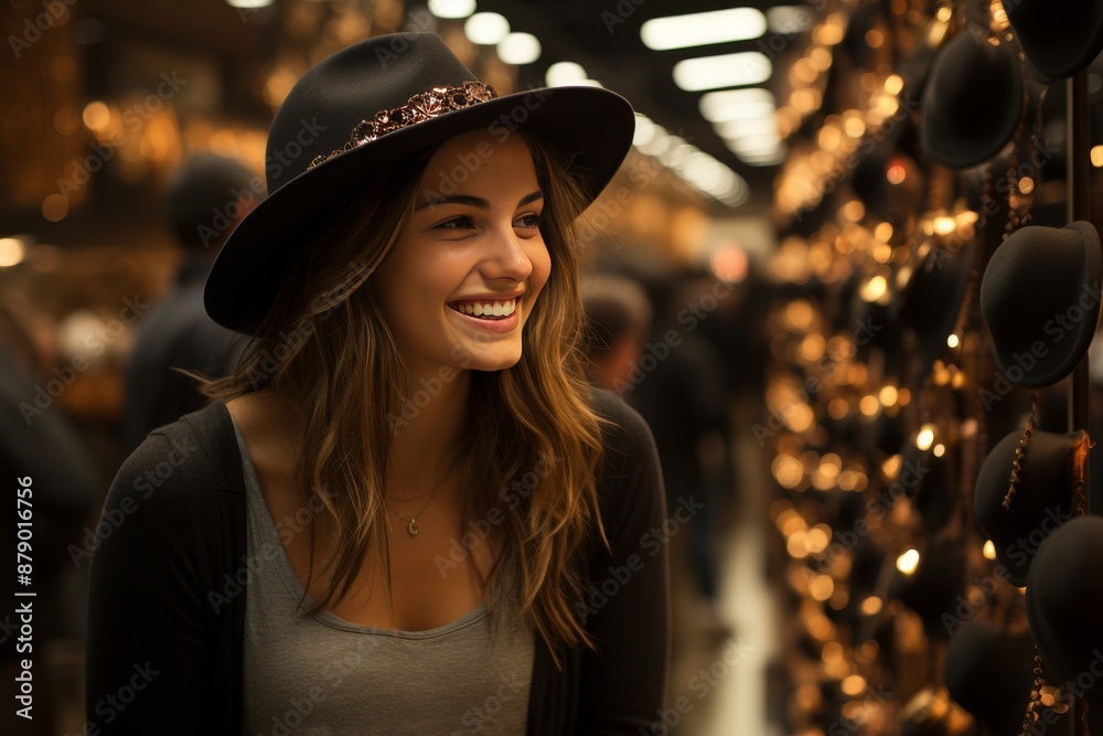 Elegant lady trying on stylish hats at a chic boutique, exploring fashion options Elegant lady trying on stylish hats at a chic boutique, exploring fashion options