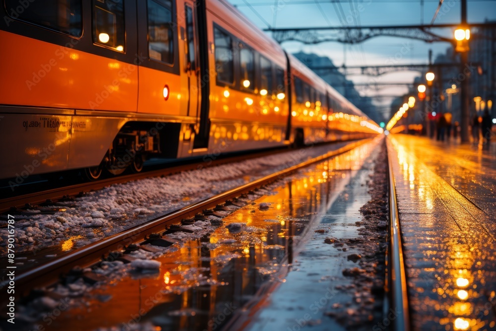 Fototapeta premium Close up of vibrant train on rails with blurred background for immersive ride experience