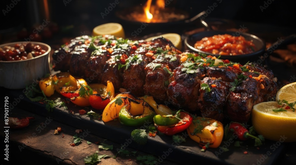 Delicious kebab full of meat and vegetables, black and blur background Delicious kebab full of meat and vegetables, black and blur background