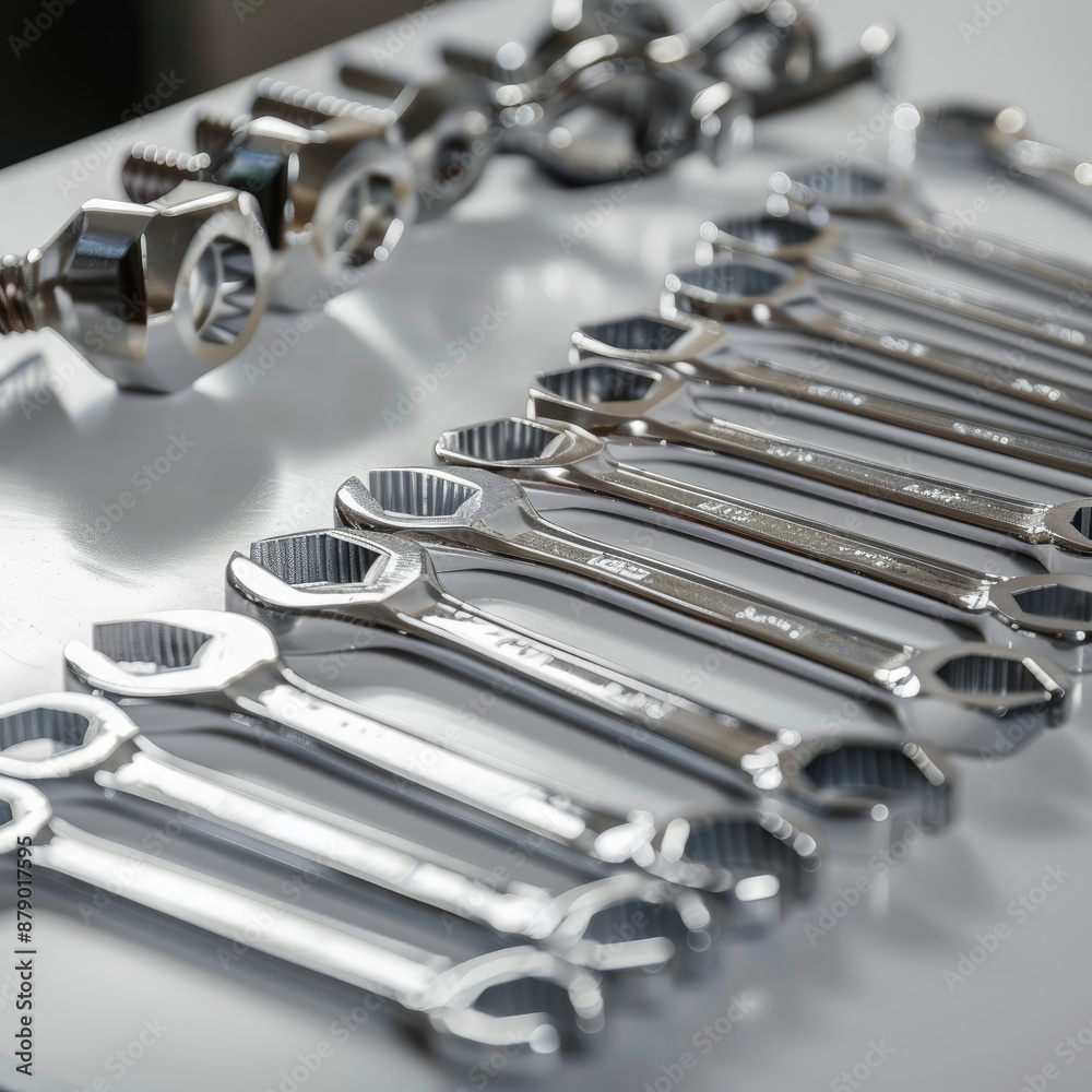 Set of chrome wrenches or spanners and hexagon socket on dark table in workshop Set of chrome wrenches or spanners and hexagon socket on dark table in workshop