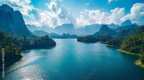 The environment of Ratchaprapha Dam at Khao Sok National Park in Surat Thani Province, Thailand, features stunning natural attractions characterized by majestic mountains and serene rivers. photo