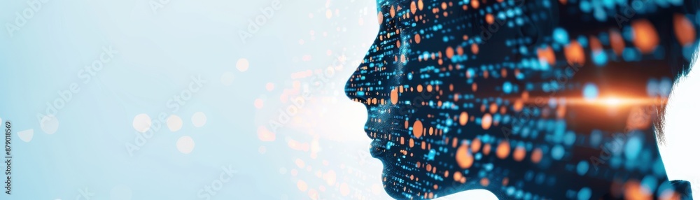 Obraz premium Silhouette of person with digital data overlay representing AI and technology. Abstract and futuristic theme.