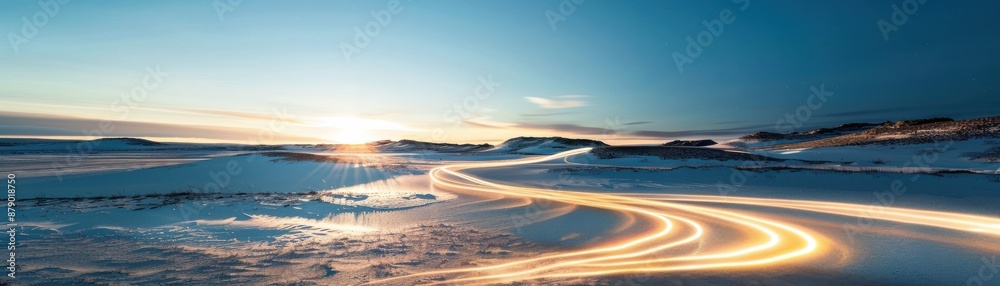 Fototapeta premium Stunning long exposure photo of a snowy landscape with car light trails winding under a twilight sky.