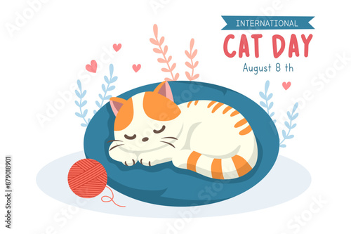 International Cat Day celebrates the friendship between humans and cats in August, with a cute flat cartoon background illustration.