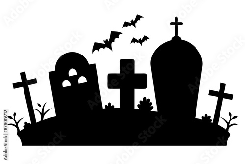 Scar haloween vector seamless landscape silhouette with a graveyard and flying bats in full moon white background