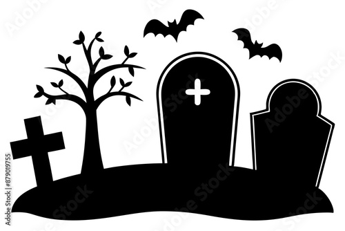 Scar haloween vector seamless landscape silhouette with a graveyard and flying bats in full moon white background