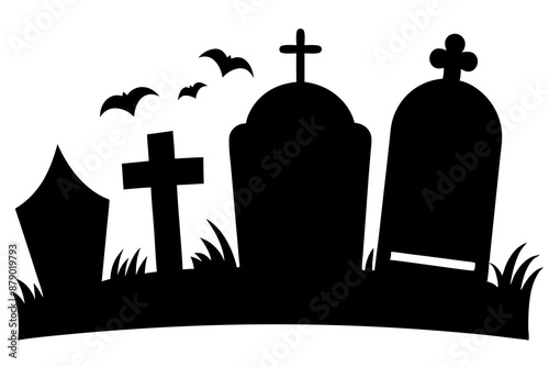 Scar haloween vector seamless landscape silhouette with a graveyard and flying bats in full moon white background