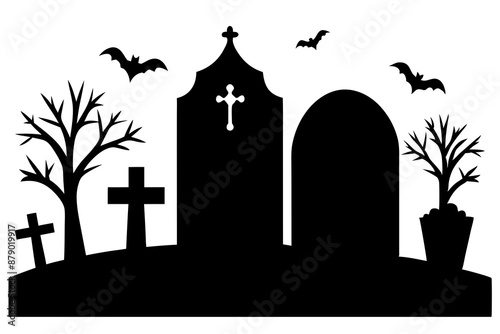 Scar haloween vector seamless landscape silhouette with a graveyard and flying bats in full moon white background