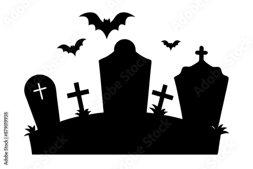 Scar haloween vector seamless landscape silhouette with a graveyard and flying bats in full moon white background