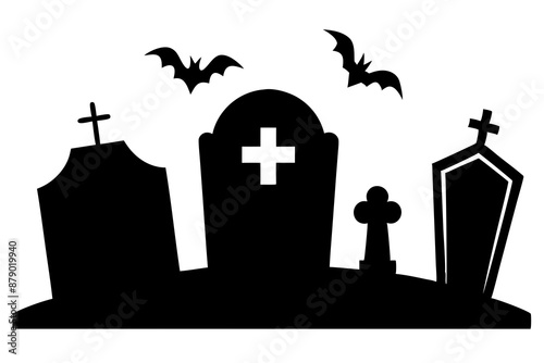 Scar haloween vector seamless landscape silhouette with a graveyard and flying bats in full moon white background