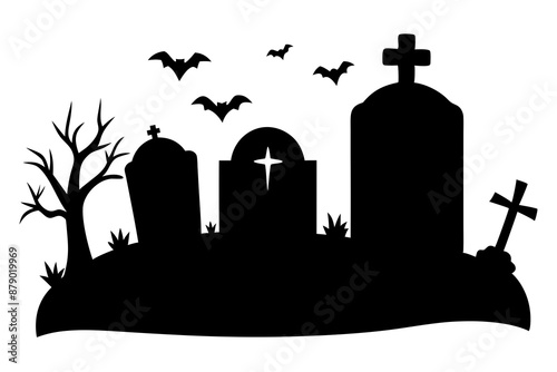 silhouette of a scary cemetery landscape with graves, crooked trees and flying bats - halloween themed seamless panorama