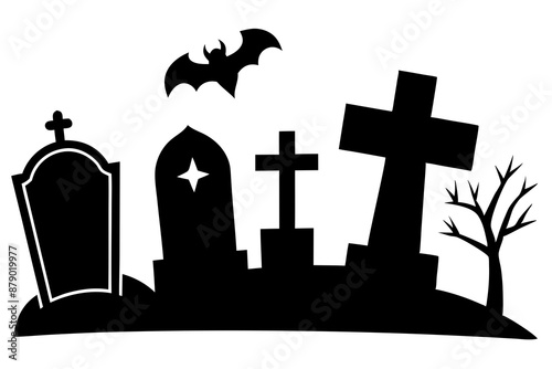 silhouette of a scary cemetery landscape with graves, crooked trees and flying bats - halloween themed seamless panorama