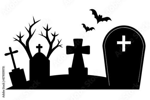 silhouette of a scary cemetery landscape with graves, crooked trees and flying bats - halloween themed seamless panorama