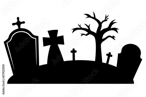 silhouette of a scary cemetery landscape with graves, crooked trees and flying bats - halloween themed seamless panorama