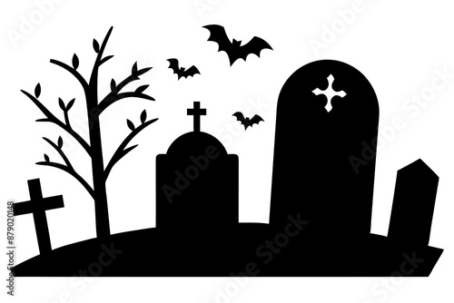 silhouette of a scary cemetery landscape with graves, crooked trees and flying bats - halloween themed seamless panorama