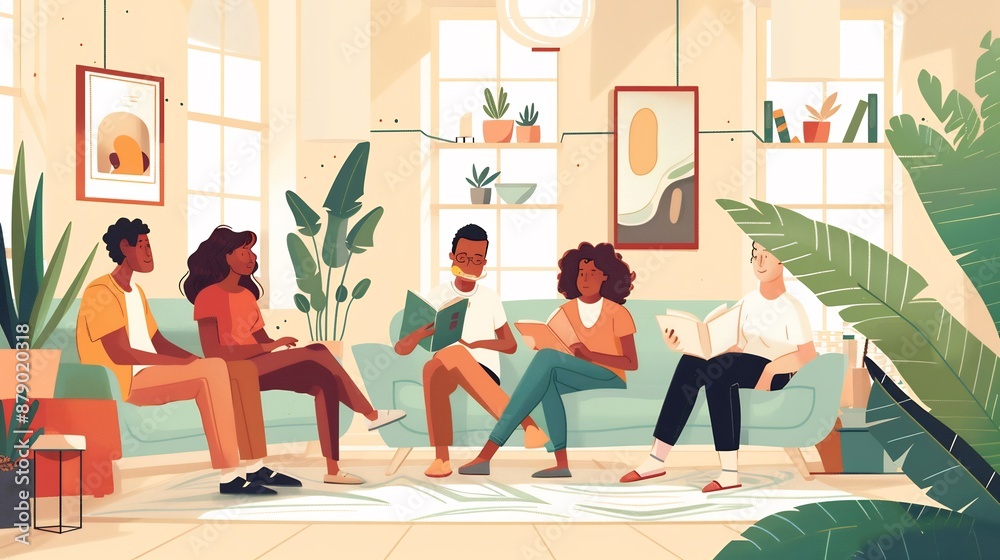 Diverse Group of Friends Enjoying a Reading Session Diverse Group of Friends Enjoying a Reading Session