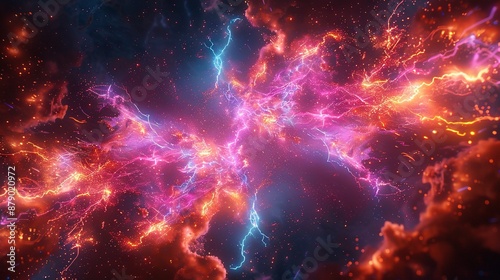  A computer-generated image depicts a purple and red explosion of illumination centered against a black backdrop, surrounded by red, blue, and yellow streaks of brightness (