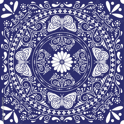 Discover the beauty of Talavera de Puebla: Vector illustration of the iconic traditional Mexican Talavera de Puebla tile with a flower design with butterflies.