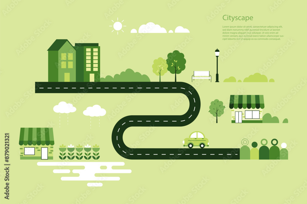 The geometric flat design of a cityscape with buildings and shops, a winding road, trees, a park, family, cars, and clouds. Emphasizing eco-friendly living and urban development. Vector illustration The geometric flat design of a cityscape with buildings and shops, a winding road, trees, a park, family, cars, and clouds. Emphasizing eco-friendly living and urban development. Vector illustration