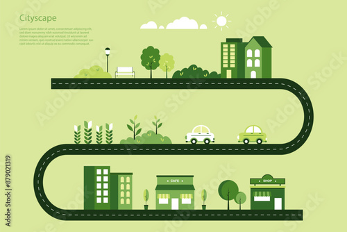 The geometric flat design of a cityscape with buildings and shops, a winding road, trees, a park, cars, sun, and clouds. Emphasizing eco-friendly living and urban development. Vector illustration