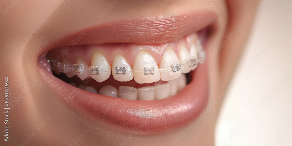 Fototapeta premium Close up of a woman's mouth with braces on, wearing clear aligners over her teeth for orthodontic treatment 