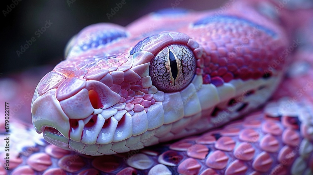 A close-up of a pink snake's head with a yellow stripe on its left eye A close-up of a pink snake's head with a yellow stripe on its left eye