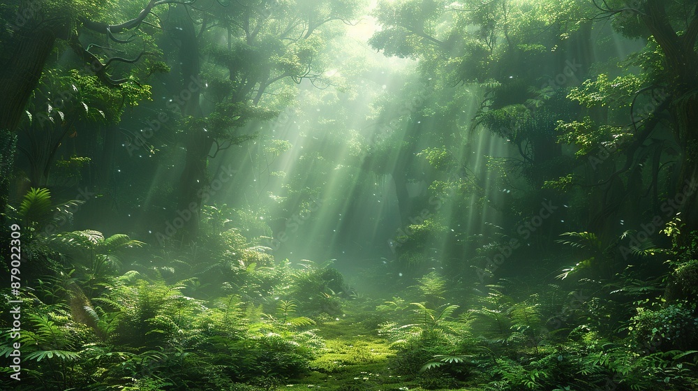   A lush forest brims with myriad verdant flora, sunbeams filtering through the tree canopy to illuminate the earth below