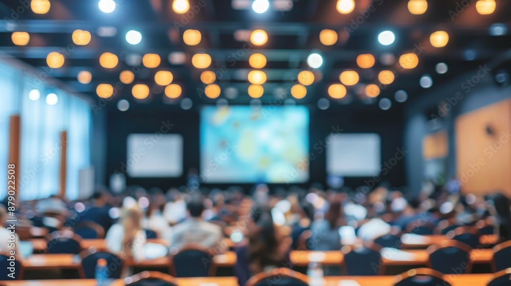 Obraz premium Blurred photo of conference hall with attendees in abstract banner