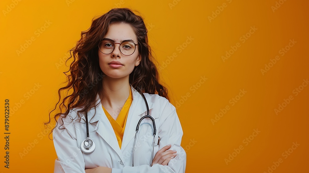 Confident Young Female Doctor in Safety Glasses on Orange Background Confident Young Female Doctor in Safety Glasses on Orange Background