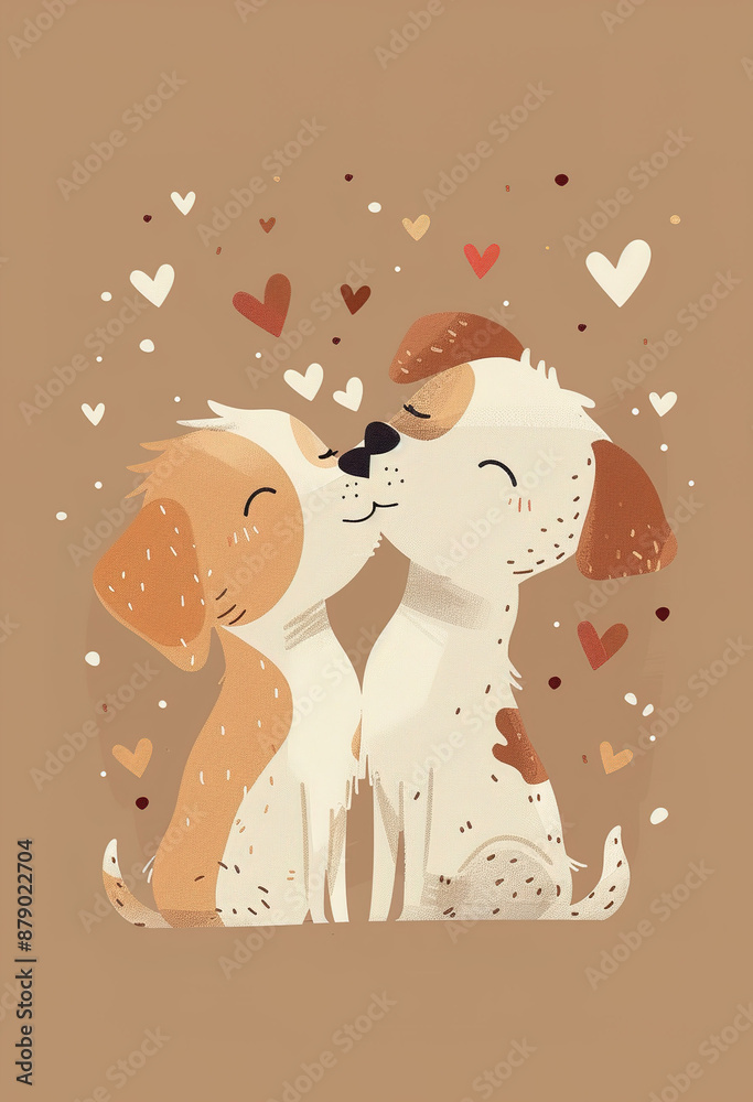 Fototapeta premium Delicate Flat Style Illustration Featuring Two Happy Dogs Kissing, Accented with Pastel Pink and Beige