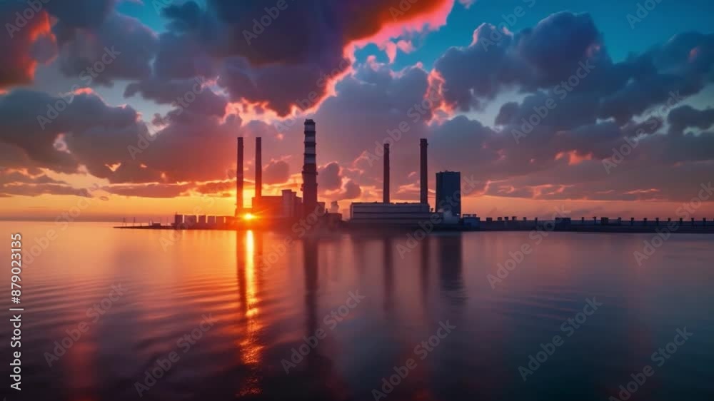 A large industrial complex with smokestacks releases plumes of smoke against a stunning sunset sky over a calm body of water.
