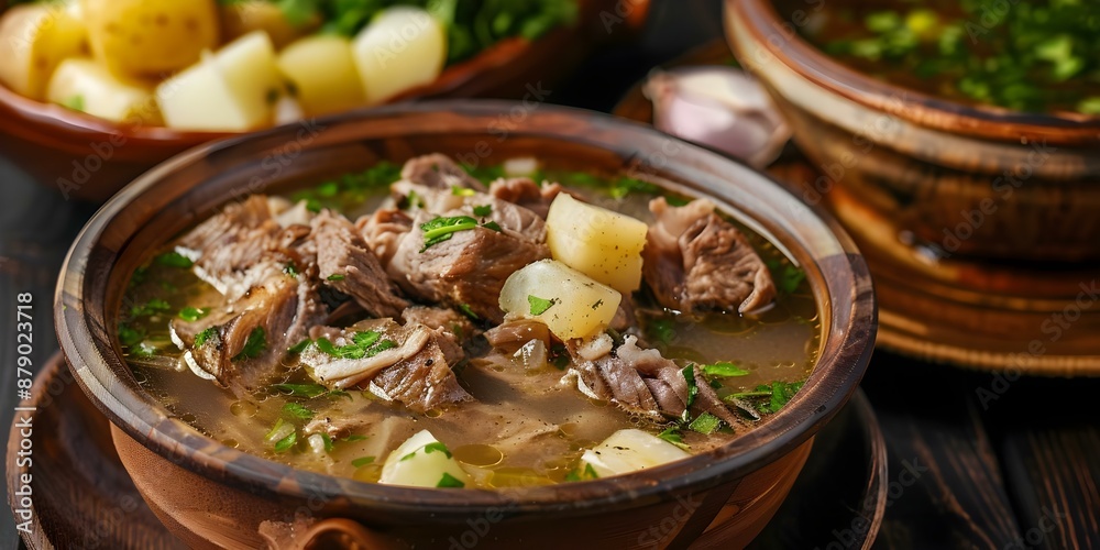 Traditional Chilean Ajiaco soup with grilled meat onion and potato in clay plates. Concept Chilean cuisine, Ajiaco soup, Grilled meat, Clay plates, Traditional recipe Traditional Chilean Ajiaco soup with grilled meat onion and potato in clay plates. Concept Chilean cuisine, Ajiaco soup, Grilled meat, Clay plates, Traditional recipe