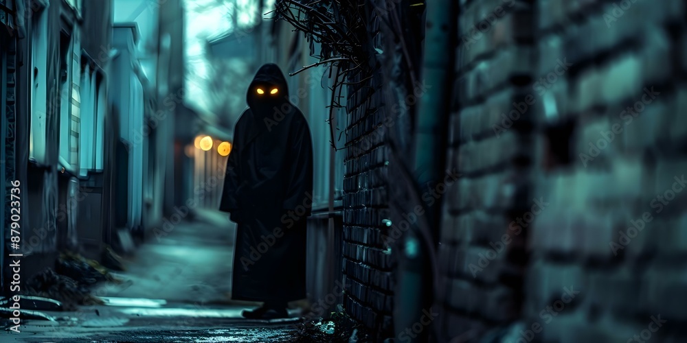 Obraz premium Dark figure with glowing eyes in alley eerie vibe comic book style. Concept Horror, Urban Legend, Comics, Atmospheric, Mysterious