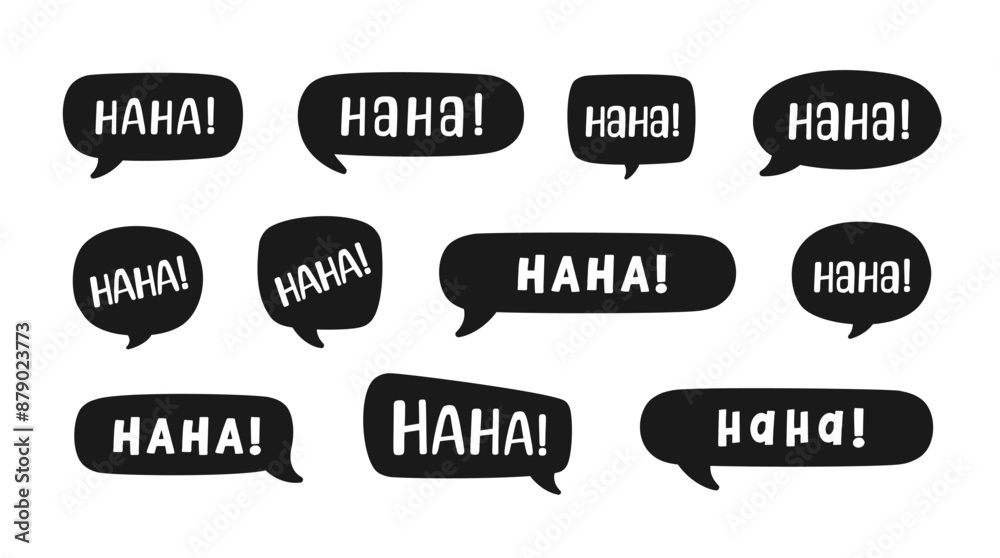 Haha laughing speech bubble sound effect different silhouette shapes collection. Cute black text lettering svg set vector illustration. Haha laughing speech bubble sound effect different silhouette shapes collection. Cute black text lettering svg set vector illustration.