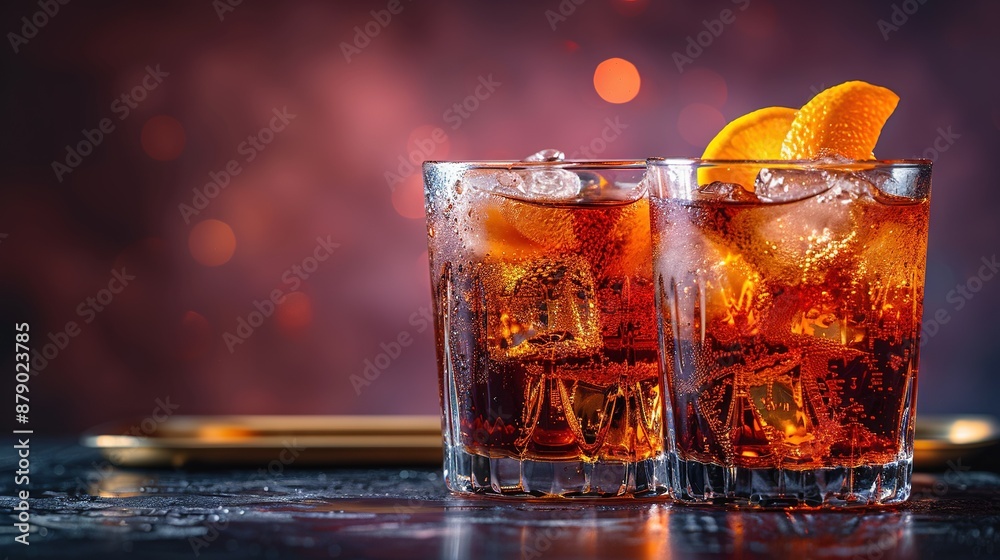Close-up of two glasses with orange peels and a plate of food in the background Close-up of two glasses with orange peels and a plate of food in the background