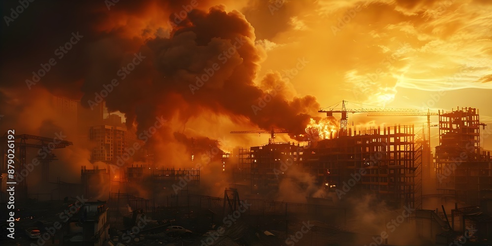 Fototapeta premium Fire at construction site emitting dark smoke. Concept Fire, Construction site, Dark smoke, Emergency response, Safety measures