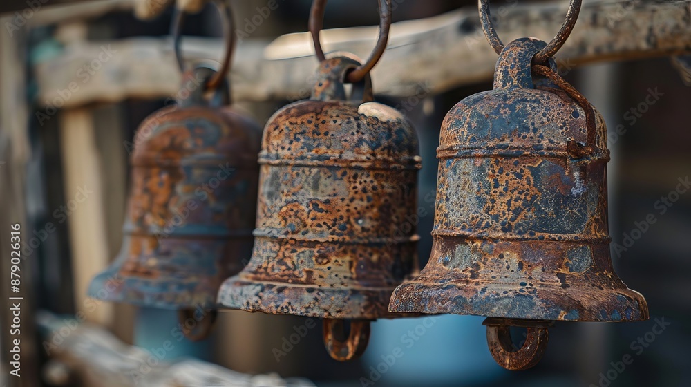 Fototapeta premium Rusty small metal bells serve as charming decorative elements, often adding a rustic and vintage touch to various settings.