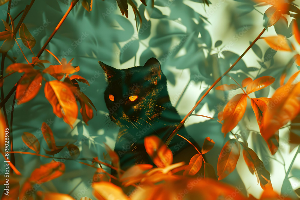 Black Cat in Autumn Leaves - Illustration Black Cat in Autumn Leaves - Illustration