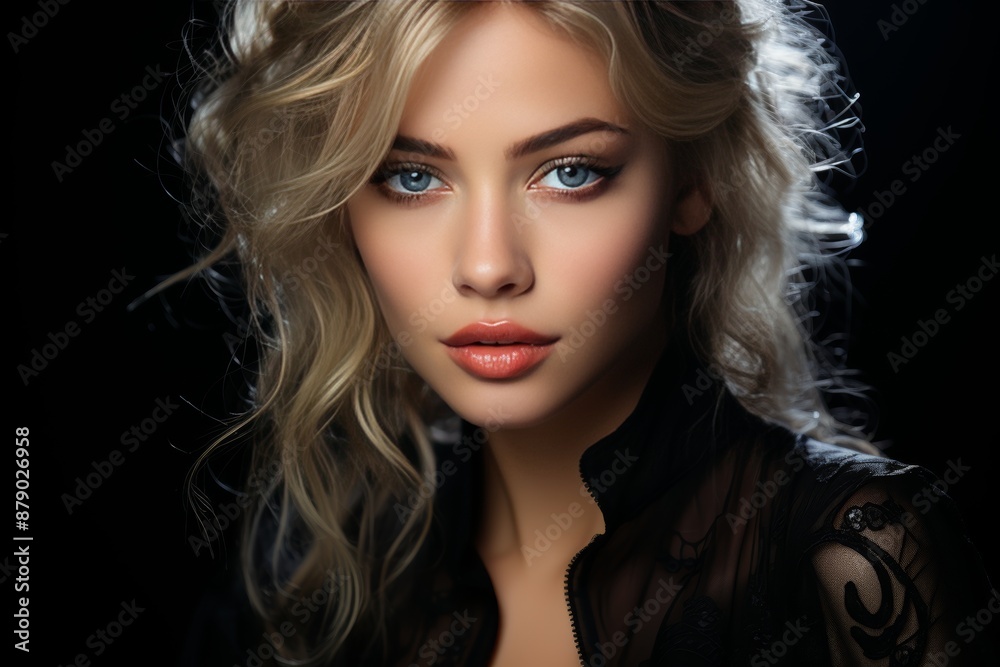 Close up portrait of lovely woman applying perfume, gazing at camera against dark background Close up portrait of lovely woman applying perfume, gazing at camera against dark background