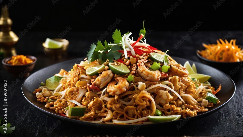 Savory Delight, A Gourmet Pad Thai Arrangement with a Harmony of Crunchy Nuts and Fresh Herbs Savory Delight, A Gourmet Pad Thai Arrangement with a Harmony of Crunchy Nuts and Fresh Herbs