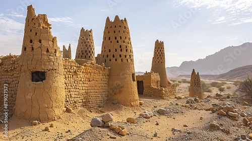 Traditional mud towers used as homes in Najran, Kingdom of Saudi Arabia, Middle East, represent a cultural and architectural heritage. photo