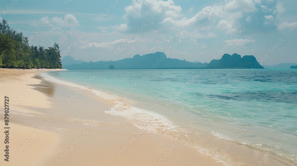 Obraz premium A tropical beach landscape features pristine white sand under the summer sun.