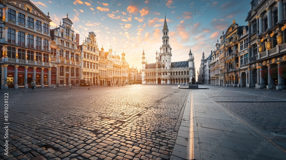 Naklejka premium The Grand Place in Brussels, Belgium, is adorned with world heritage old and classic buildings that bask in the gentle morning light.