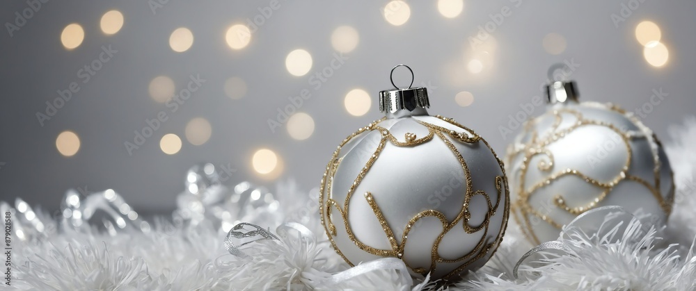 white christmas satin balls on plain white background for banner copy space white christmas satin balls on plain white background for banner copy space