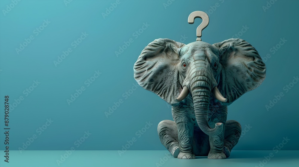 Contemplating Elephant with Surreal Question Mark in Vivid Blue Setting Contemplating Elephant with Surreal Question Mark in Vivid Blue Setting