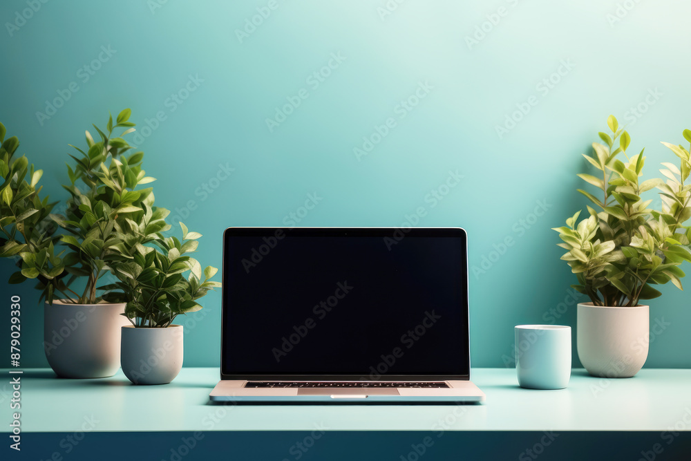 generated illustration laptop with a white blank screen, a cup of coffee and potted plant generated illustration laptop with a white blank screen, a cup of coffee and potted plant