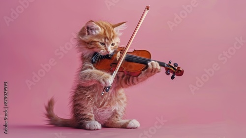 A fluffy orange kitten stands upright, playing a miniature violin against a pink background, creating a charming and whimsical scene.