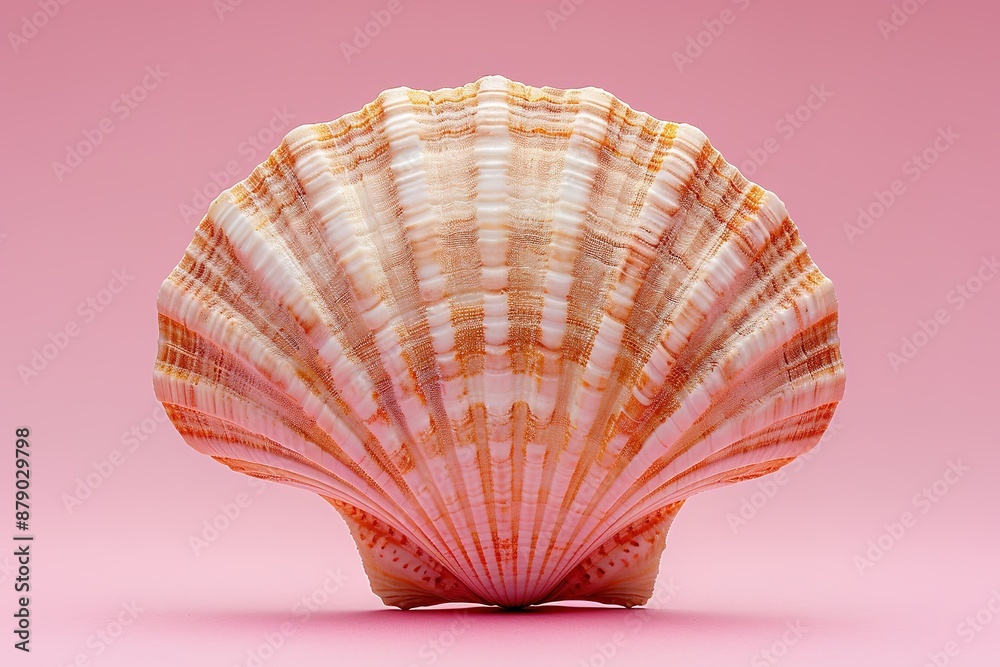 Obraz premium Bright orange scallop on pink background, exudes summery, coasta